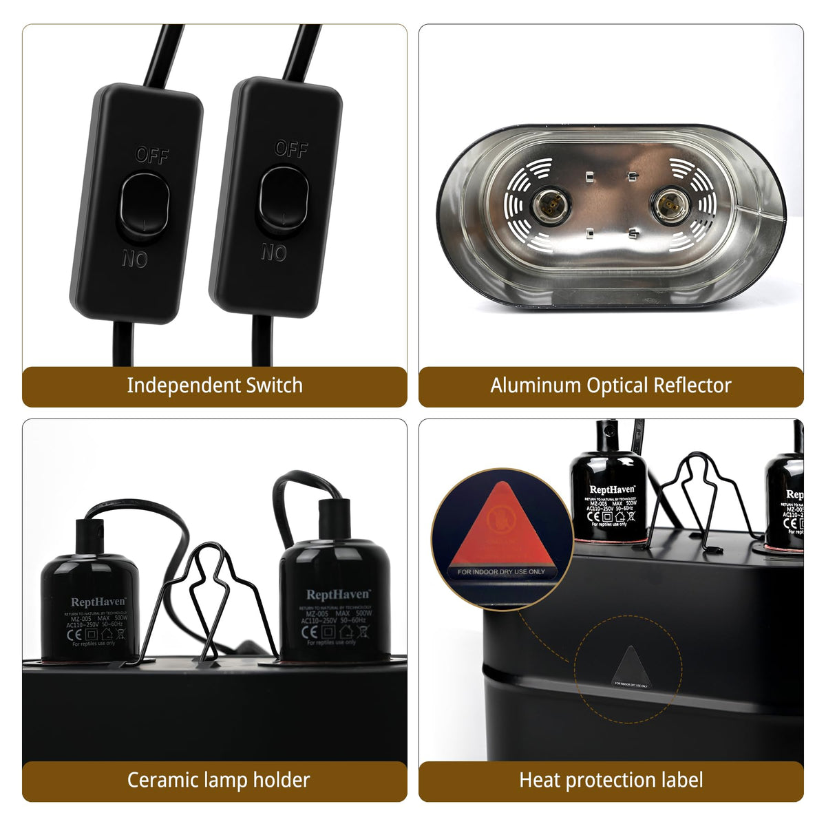 2-in-1 Deep Dome Reptile Light Fixture Kit with 100W UVA Basking Bulb & 100W Infrared Heat Lamp T504