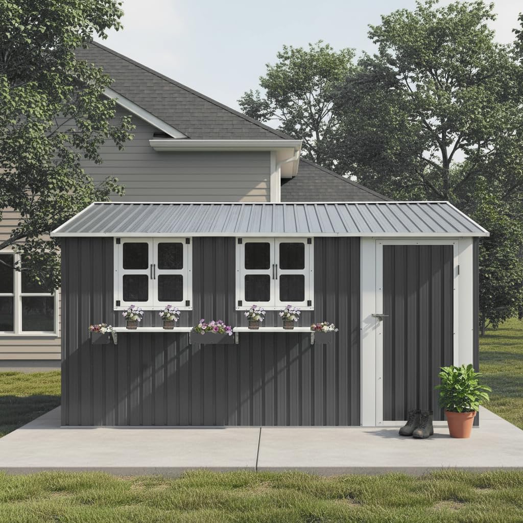 12x10 FT Grey Metal Storage Shed with Clear Windows N76176