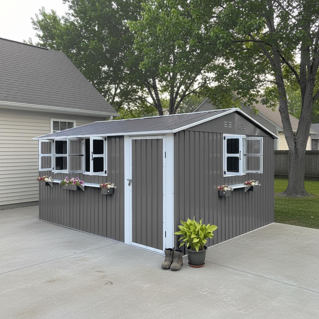12x10 FT Grey Metal Storage Shed with Clear Windows N76176