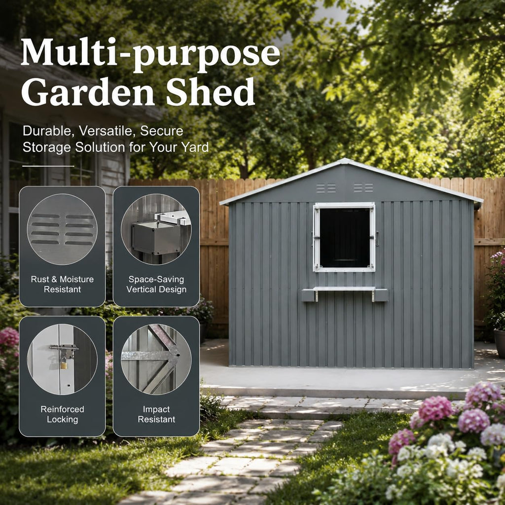 12x10 FT Grey Metal Storage Shed with Clear Windows N76176