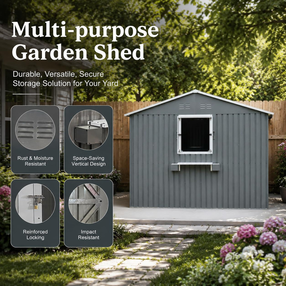 12x10 FT Grey Metal Storage Shed with Clear Windows N76176