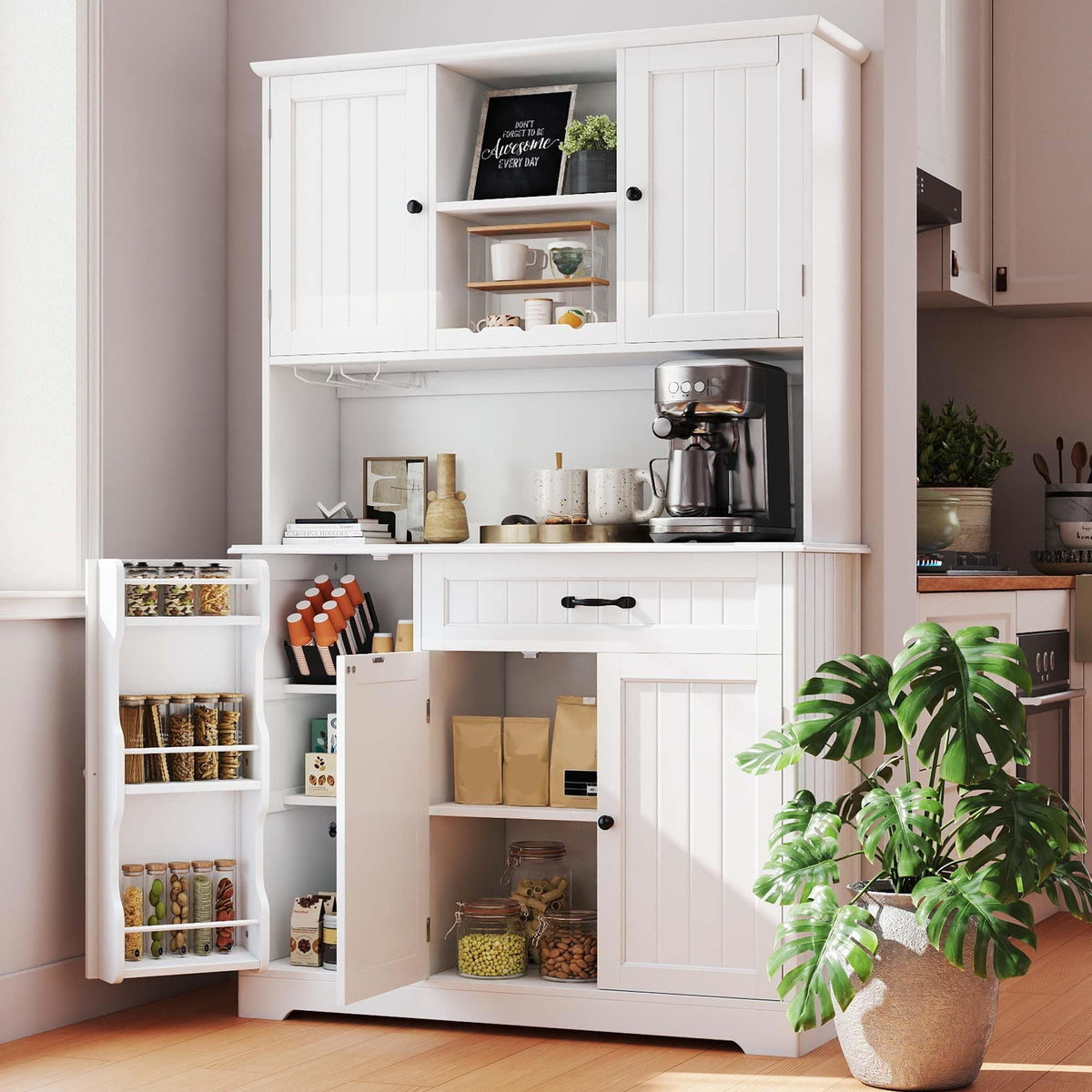 Tall White Kitchen Storage Cabinet with Door and Shelves L8465
