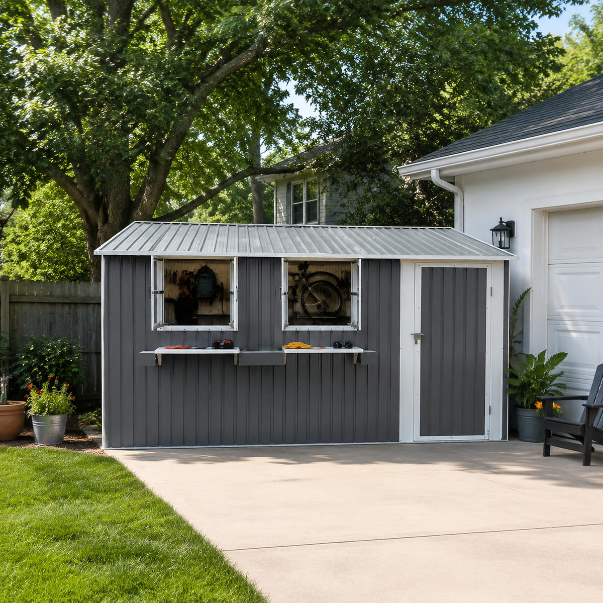 12x10 FT Grey Metal Storage Shed with Clear Windows N76176